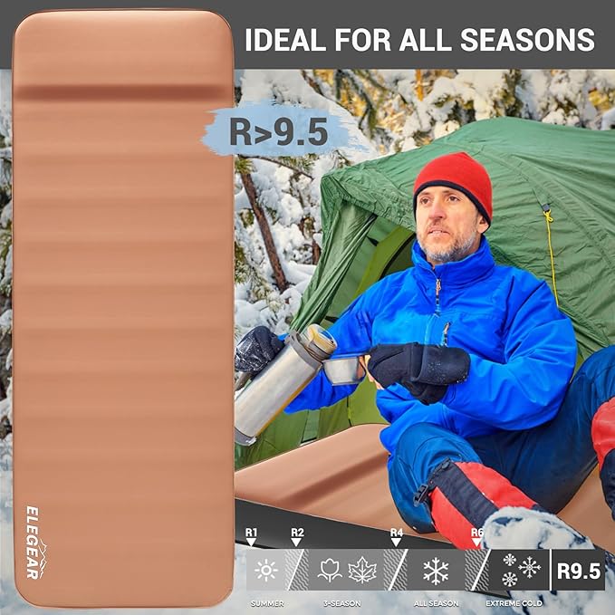 Elegear CumbreX™ Air & Foam Self Inflating Sleeping Pad, Built-in Electric Pump 4" Ultra-Thick Memory Foam Camping Mattress with Pillow Camping Pad 4-Season R-Value 9.5 Camp Mat (Khaki,Single)