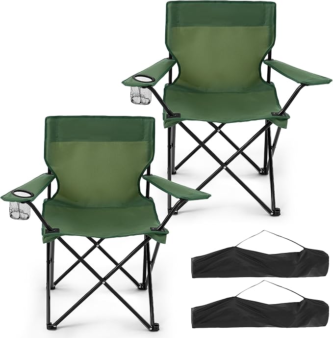 2 Pack Folding Camping Chairs for Adults, Foldable Portable Beach Chairs with Carry Bag & Cup Holder, Compact Design for Camping, Beach, Picnics, and Fishing Supports 300LBS（Dark Green）