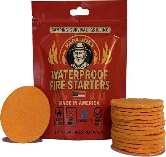 Papa Joe's 100% Waterproof Fire Starter (15 Disc) Up to 60 Fires | 8-10 Minute Burn Instant Light | Fire Pits, Grills, Survival | for Emergency Kits | Handmade in USA Camping Accessories