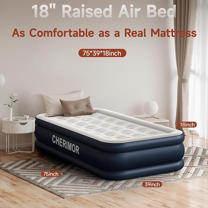 CHERIMOR Twin Air Mattress with Built in Pump, 18 Raised Thick Inflatable Bed, 440lb Comfort Support, Inflatable Blow Up Mattress with Carry Bag for Camping, Fast Self-Inflating Air Bed for Guest&Home