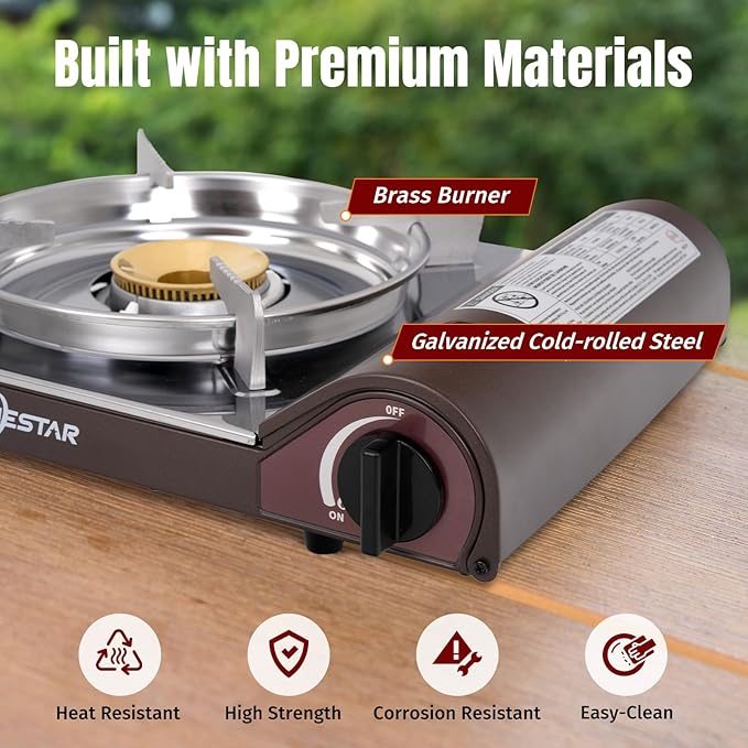SHINESTAR 14000 BTU Butane Camping Stove, Portable Butane Stove with Brass Burner, One-Touch Piezo Ignition, Magnetic Safety Lock & Double Wind-Guard, Portable Gas Stove for Camping, RV, Emergencies