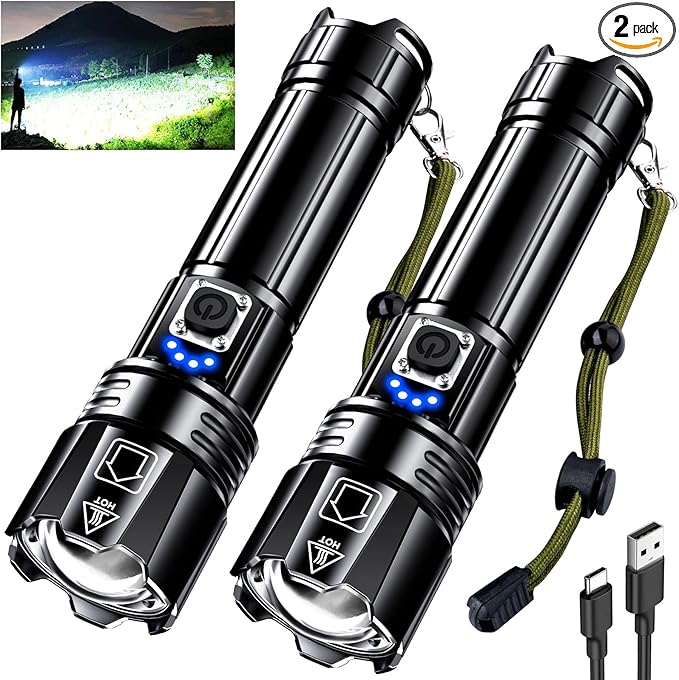 AKNEAR Rechargeable LED Flashlight 99000 High Lumens, Super Bright Flashlights with Zoomable & USB C Rechargeable & 5 Light Mode & IPX7 Waterproof, Powerful Flash Light for Home, Hiking, Camping