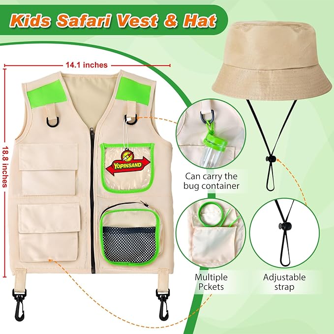 YOPINSAND Kids Explorer Kit & Bug Catcher Kit, Kids Camping Gear for Kids, Outdoor Exploration Set with Vest & Hat, Ideal Outdoor Camping Adventure Toys for Ages 3 4 5 6 7 8 Boys Girls