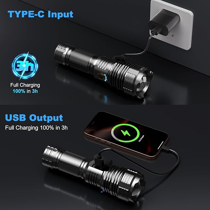 BengMxj Rechargeable LED Flashlights,990000 High Lumens Tactical Flashlight with Zoomable Super Bright Waterproof Flashlights for Emergencies,Camping,Hiking,Home