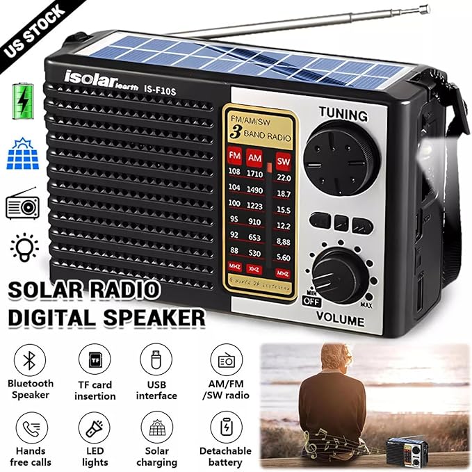 ikaufen Solar Portable FM/AM SW Radio Digital Bluetooth Speaker MP3 Player Rechargeable Comes with a Flashlight and Wrist Strap