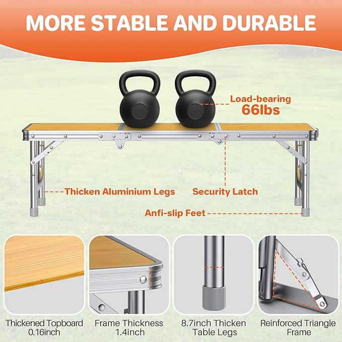 FUNYKICH 3ft Low Folding Camping Table with Carry Bag, 34.2'' Lx15.7'' W Portable Picnic Tables, Lightweight Thicker Aluminum Beach Table with Carry Handle for Beach, Camping, Picnic, Yellow