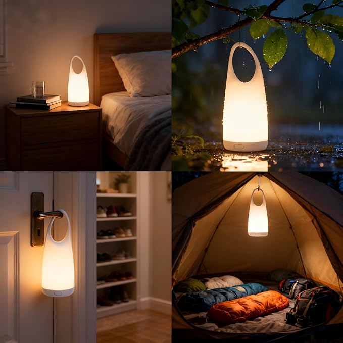 Portable Night Light Table Lamp 2 in 1 Charging LED Camping Lantern Waterproof 3-Levels Dimming&Silicone Shell Shatterproof Survival Kits for Indoor Outdoor Home Emergency Light Power (Warm Light)