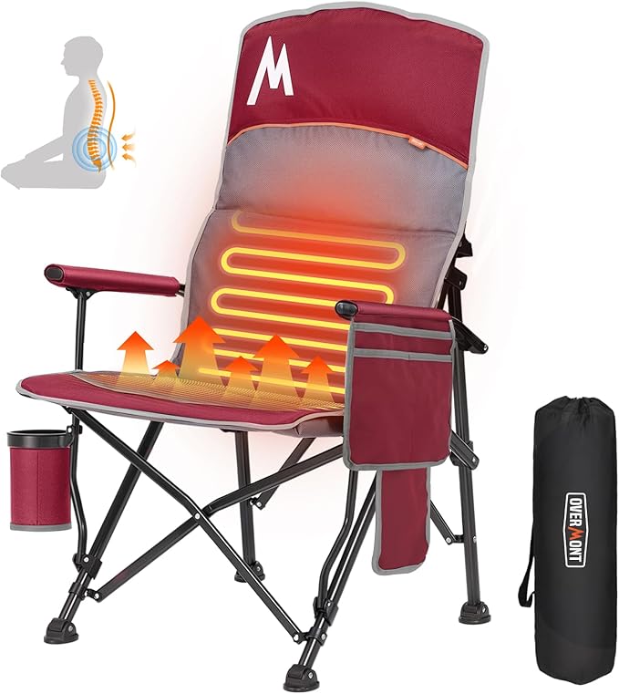 Overmont Heated Camping Chair with High Back - 3 Heat Levels 2-Zone Separately Heating - 450 LBS Support Heavy Duty Folding Chair Portable for Adults Patent No.: US D1.028.543S - Battery NOT Included