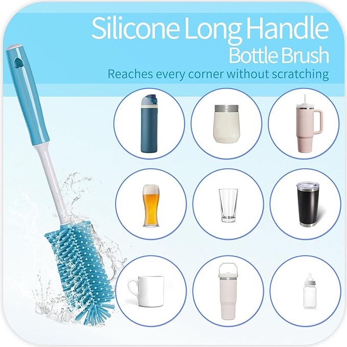 4 Pack Water Bottle Cleaner Brush Set - Silicone Bottle Brush 12.6" Heavy Duty Straw Cleaner Brush, 4 in 1 Multipurpose Cup Cleaner Kit