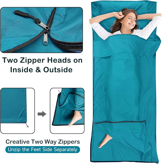 Sleeping Bag Liner, Ultralight Silky Satin Adult Sleep Sack & Self Tan Sleep Sack with Two-Way-Zipper, Single Camping Sheet & Travel Sheets for Hotel