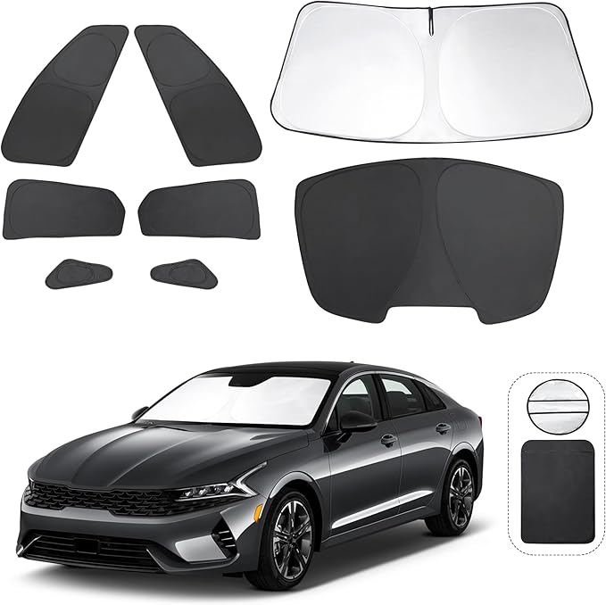 8PCS Windshield Sun Shade Custom Fit for 2021-2024 2025 2026 Kia K5, GT-Line, GT, Sedan Accessories Foldable Sunshade Side Rear Window Shade Cover Full Set Privacy Protection Keeps Car Cool