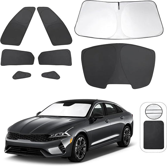 8PCS Windshield Sun Shade Custom Fit for 2021-2024 2025 2026 Kia K5, GT-Line, GT, Sedan Accessories Foldable Sunshade Side Rear Window Shade Cover Full Set Privacy Protection Keeps Car Cool