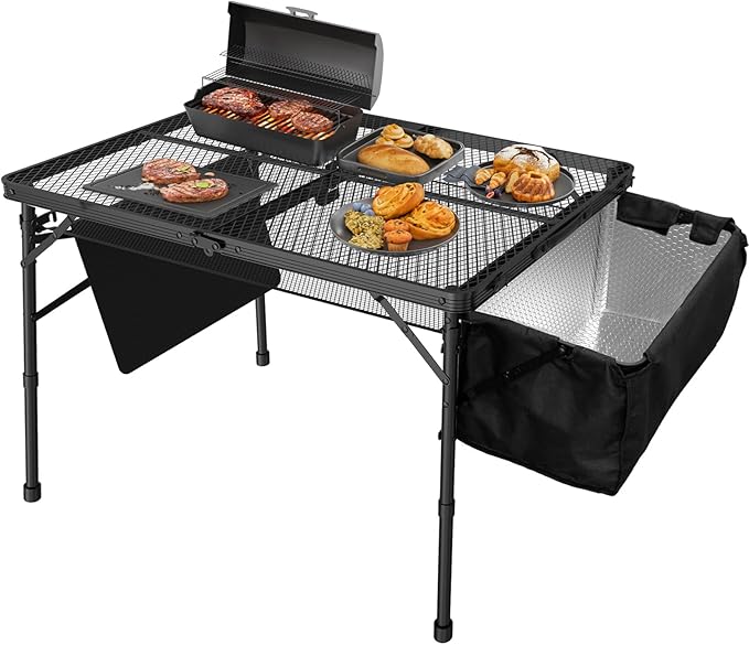 WildFinder Portable Folding Grill Table with Sink for Outdoor, Lightweight Aluminum Frame Folding Grill Stand Picnic Table Camping Cooking BBQ, RV Picnic,2 Heights Adjustable(Black)