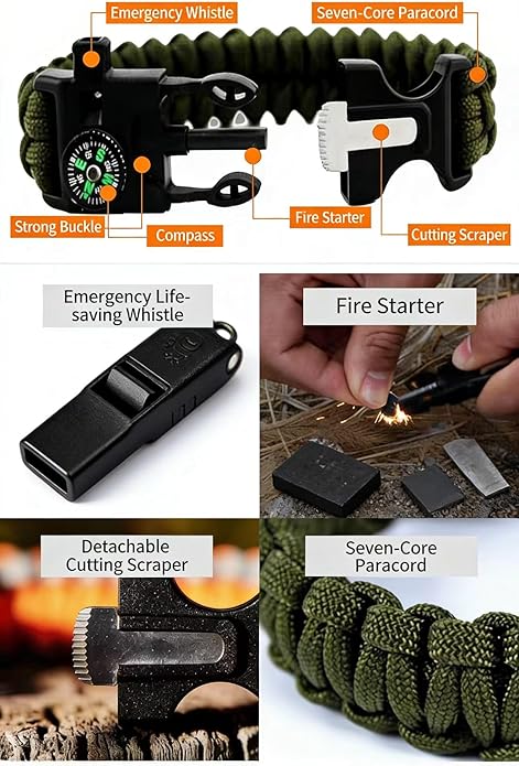 Adjustable Survival Paracord Bracelet with Fire Starter & Loud Whistle, Multitool Emergency Gear for Hiking, Camping, Fishing, Hunting & Outdoor Adventures，Camouflage Green＆Orange（2 pack）