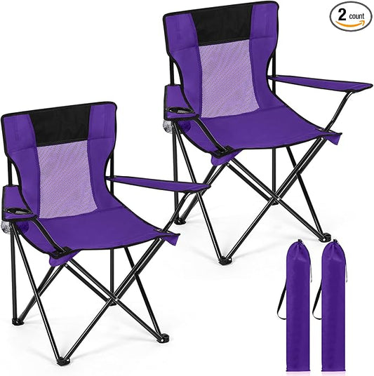 Shellwei 2 PCS Folding Camping Chair with Cupholder and Carry Bag Regular Size Colorful Breathable Portable Lightweight Lawn Chair with Side Pocket for Fishing Hiking Beach Outdoor Activity