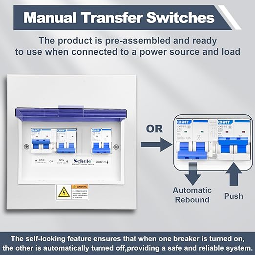 Sekelo 63 Amp Generator Transfer Switch, 120/240V Prewired Manual Transfer Switch with 3 Circuit Breakers, Overload Protection, Easy Installation for Portable Generators & Solar Power Systems
