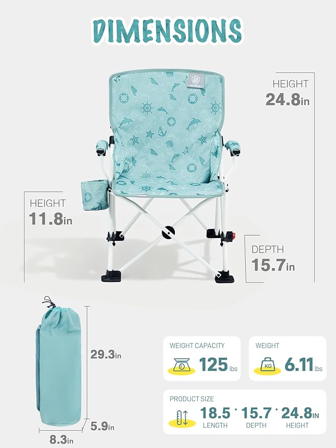 EVER ADVANCED Kids Camping Chairs with Cup Holder, Padded Folding Camping Chair Outdoor with Safety Lock, Carry Bag, Lightweight Portable Camp Chairs for Beach, Balcony, Patio, Supports 150lbs, Green