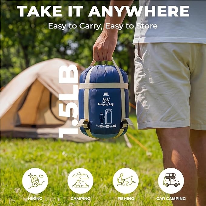 Ultralight Warm Weather Sleeping Bag - Portable, Waterproof, Compact Lightweight, Comfort with Compression Sack - Great for Outdoor Camping, Backpacking & Hiking