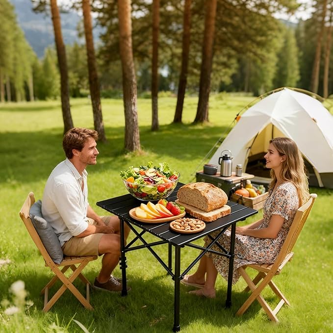 Lightweight Folding Camping Table, Portable Aluminum Outdoor Table with Carry Bag, Compact Collapsible Table for Picnic, Beach, BBQ & Camping – Black