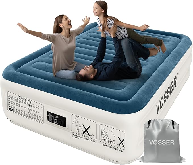 VOSSER Queen Air Mattress with Built-in Pump,18'' Raised Blow Up Mattress, Leak-Proof Air Bed with Storage Bag, Flocked Top Inflatable Mattress for Home, Camping & Guests，800lbs