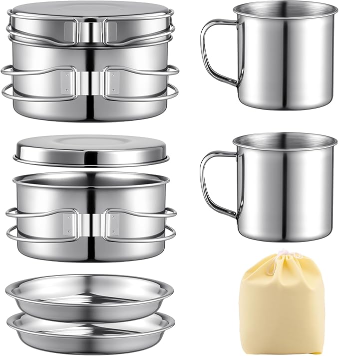 Stainless Steel Camping Cookware Mess Kit - Portable Backpacking Cooking Set with Pot/Plates/Cups & Storage Bag, Outdoor Cookware for Hiking, Picnic, Camping & Backpacking Adventures（8PCS）