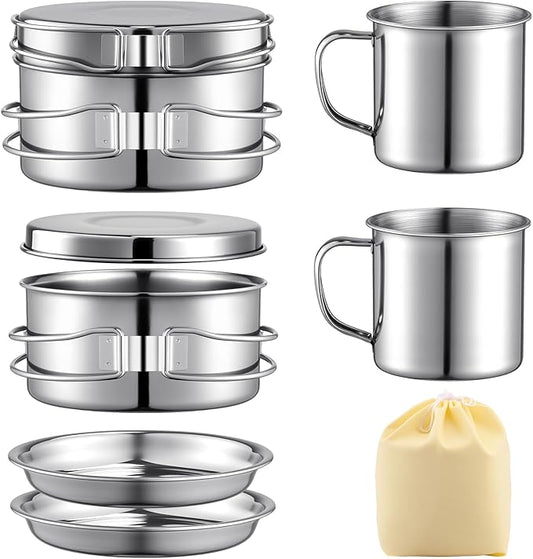 Stainless Steel Camping Cookware Mess Kit - Portable Backpacking Cooking Set with Pot/Plates/Cups & Storage Bag, Outdoor Cookware for Hiking, Picnic, Camping & Backpacking Adventures（8PCS）