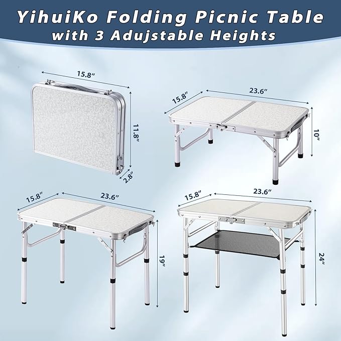 YihuiKo Folding Picnic Table, Small Camping Table with Adjustable Heights, Portable Lightweight Aluminum Side Table for Office, Beach, Garden, Travel