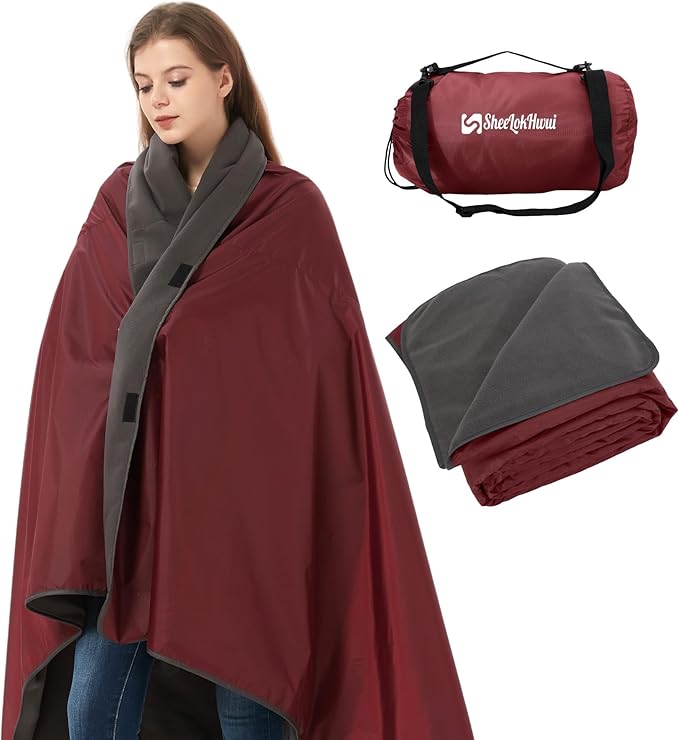 4-in-1 Large Camping Blankets - Waterproof, Windproof Fleece Outdoor Blankets for Stadium, Sports, Car, Concert - 81"x57", Portable (Antique Ruby)
