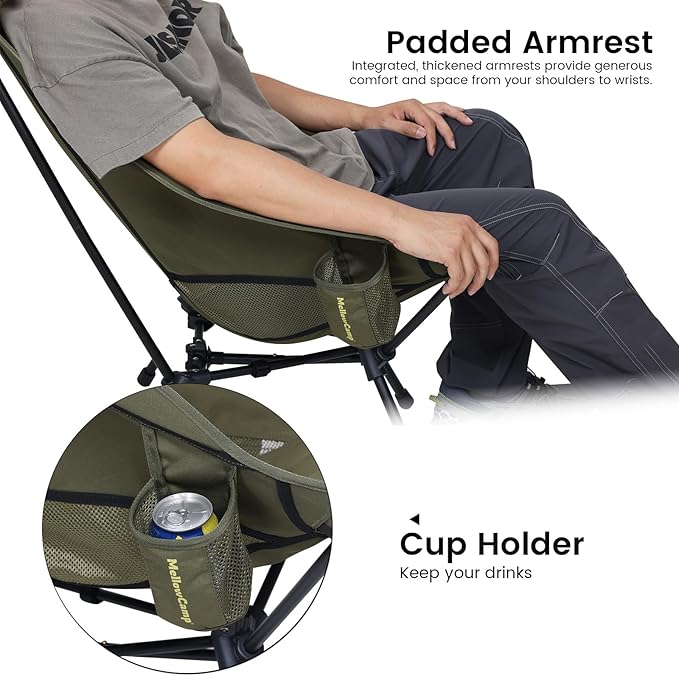 MellowCamp High Back Camping Chair, Oversized Comfort Design Collapsible Camp Chair with Pillow (Green)