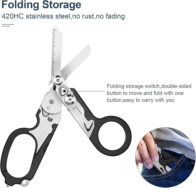 6 In1 Multifunction Emergency Response Shears, Stainless Steel Foldable Trauma Shears with Strap Cutter and Glass Breaker,Medical Scissors with Holster and Penlight