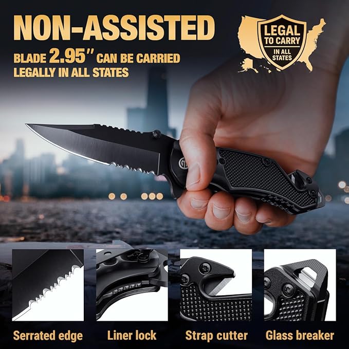 GOOD WORKER Legal Pocket Knife with 2.95” Serrated Blade, Glass Breaker, Seat Belt Cutter - EDC Sharp Folding Knives with Portable Clip - Small Tool for Tactical Camping Survival Hiking - Gifts for Men, Women