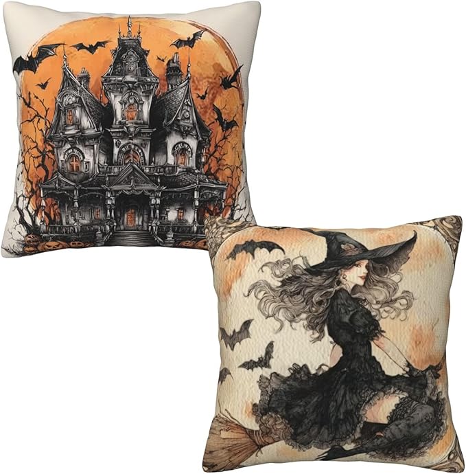 Witch Ancient Castle Throw Pillow Covers 18x18 inch Set of 2 Halloween Pillow Case Cushion Cover for Home Sofa Couch Living Room Car Decor