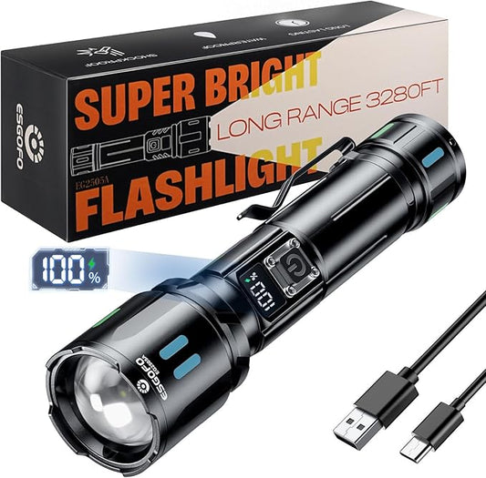 Esgofo Rechargeable Flashlights High Lumens 100000, Single Click Button Design, Super Bright 30W LED, Long Lasting 15H, USB C Input & Output, LCD Power Display, 6.69” Length, for Camping Hiking Home
