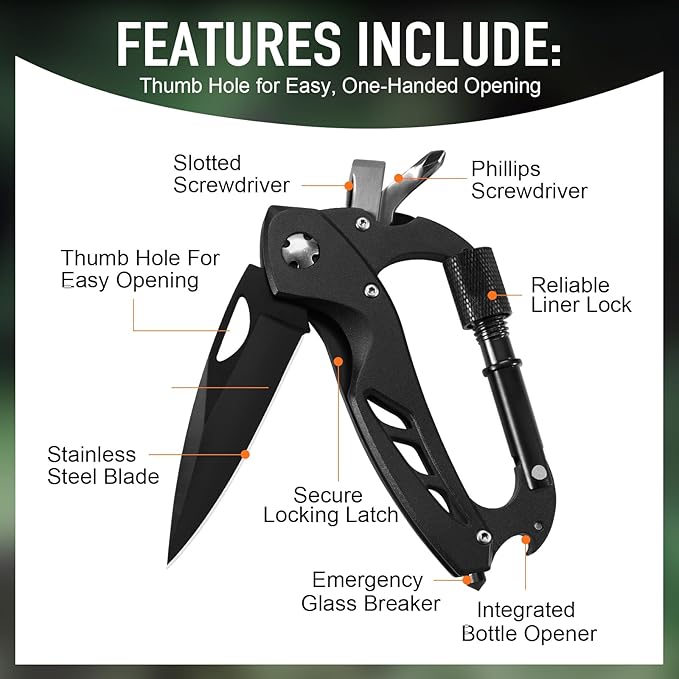 Multitool Carabiner with Pocket Knife, Birthday Gifts for Men Him Boyfriend, EDC Carabiners with Folding Knives, Bottle Opener, Window Breaker and Screwdriver, Survival Gear for Camping Hiking