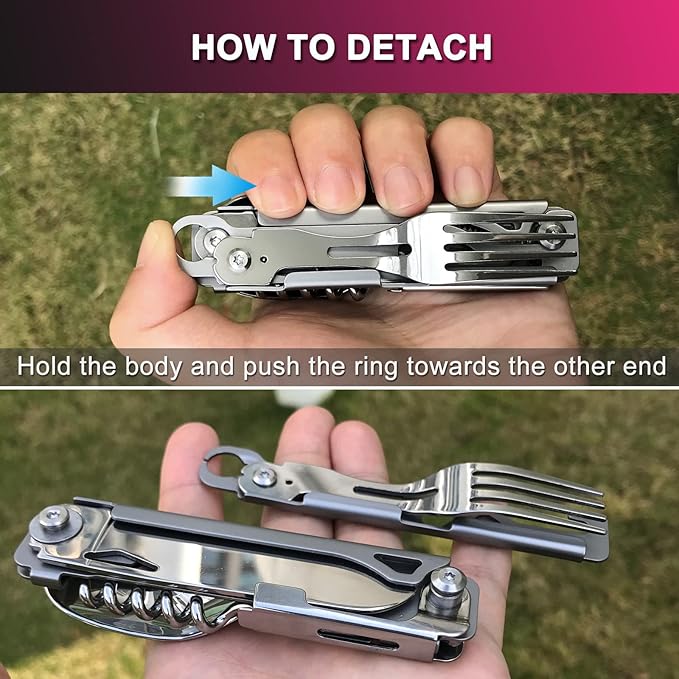 6 in 1 Detachable Camping Utensils Flatware Set, Multifunction Travel Pocket Cutlery Folding Spoon, Fork, Knife, Wine Bottle Can Opener Portable Combo Set Stainless Steel