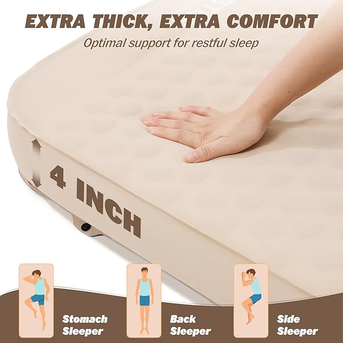 TOBTOS 4" Thick Self Inflating Sleeping Pad with Electric Pump, 60s Inflate Ultra-Compressible Compact Foam Camping Mattress, Insulated Sleeping Mat for Tent, Car, Camping