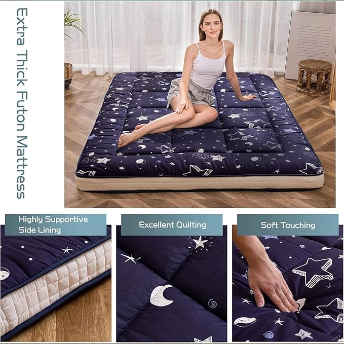 MAXYOYO Navy Star Futon Mattress, Padded Japanese Floor Mattress Quilted Bed Mattress Topper, Extra Thick Folding Sleeping Pad Breathable Floor Lounger Guest Bed for Camping Couch, Twin