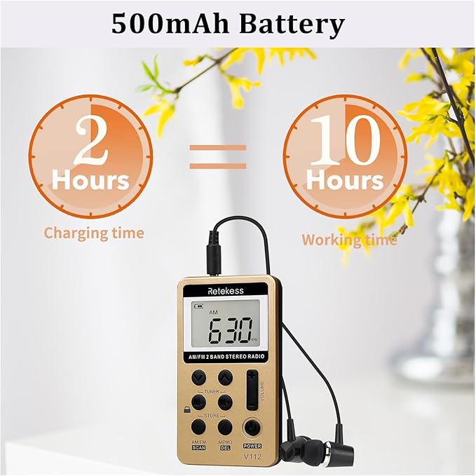 Retekess V112 AM FM Radio Portable, Mini Radio,Digital Tuning Rechargeable Battery LCD Display for Walking Jogging(Gold)