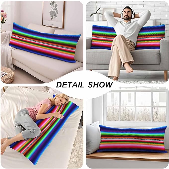 Mexican Boho Body Pillow Covers for Adults, Mexican Blanket Stripes Colorful Sleeper Pillow Covers Lumbar Body Cushion Cover 20"X54" Body Pillowcase for Home Bedroom Office Hotel