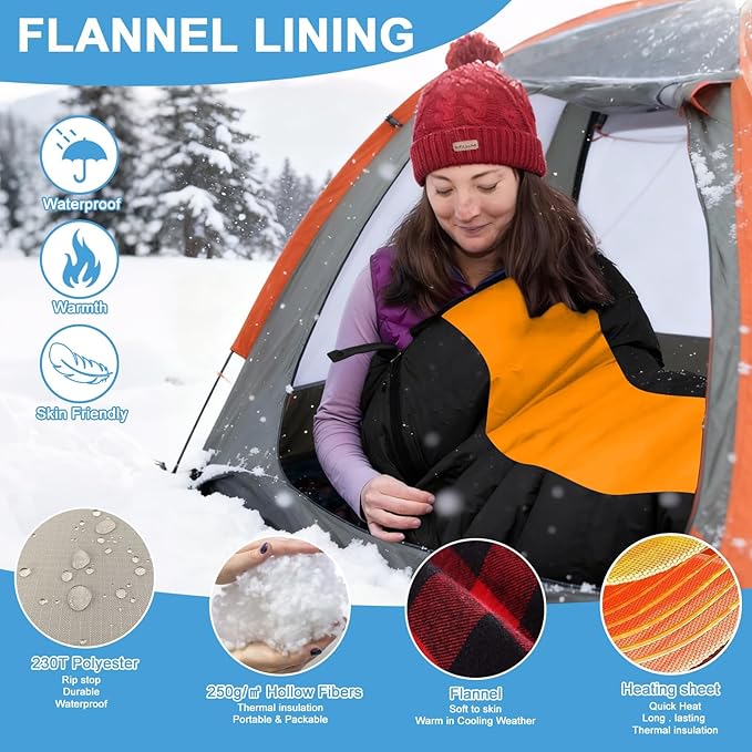 Longzhuo Heated Sleeping Bags for Adults Kids - Portable USB Power Warm Sleeping Bag for Camping with 4 Heating Zones, Cold Weather Sleeping Bag for All Season Camping Hiking Backpacking