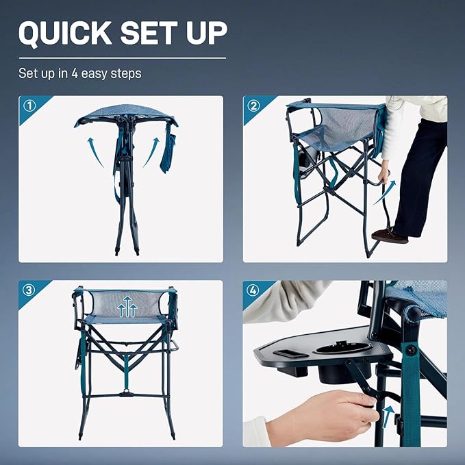 EVER ADVANCED Portable 30.7" Seat Height Tall Folding Camping Chair Directors Chair High Foldable Bar Stool with Side Table for Makeup Artist, Sports Event, Craft Show, Stretch Mesh, Supports 350LBS