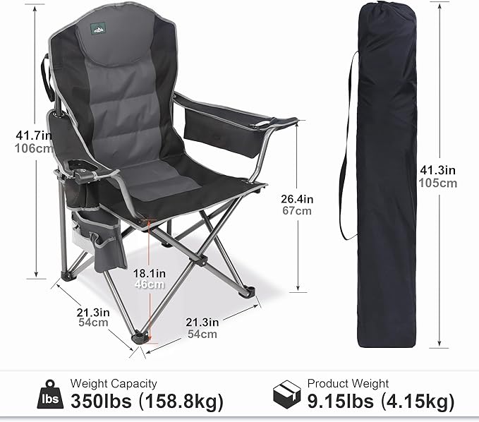 Northroad Oversized Camping Chair, Full Padded Outdoor Folding Chair Support 350 LBS, Heavy Duty Lawn Chair w/Cup Holder, Cooler Bag, Shoulder Straps for Adult-Black
