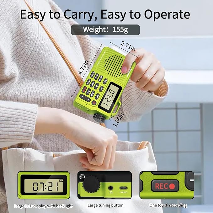 Portable AM/FM Radio, Digital Radio Recorder, Bluetooth 5.0 Speaker, Alarm & Sleep Function, 12/24H Time Display (Yellow Green)
