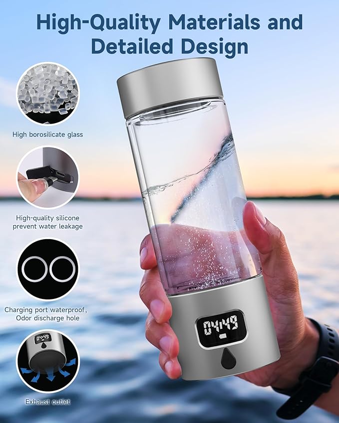 340ml Portable Hydrogen Water Bottle Generator with PEM-SPE Technology, Glass Exterior & Aluminum Shell, Produces 5000 ppb Hydrogen in 10 Minutes, for Home, Gym, Office & Travel