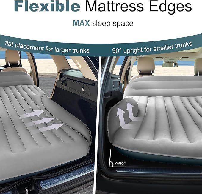 Ciremiv SUV Air Mattress, Double-Sided Thick Flocked Car Air Mattress with Built-in Pump & Pillow, Complete Sleeping Accessories for Auto Camping & Road Trips（Light Grey）
