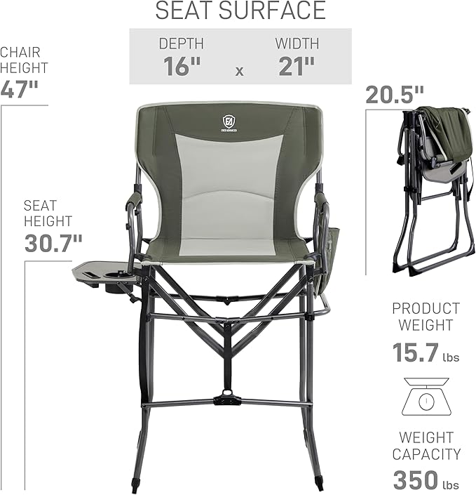 EVER ADVANCED Portable 30.7" Seat Height Tall Folding Camping Chair Directors Chair High Foldable Bar Stool with Side Table for Makeup Artist, Sports Event, Craft Show, Supports 350LBS