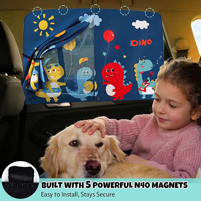 Car Window Shade for Baby, 2 Pack Magnetic Double Layer Sun Shade with Cute Dinosaur Design, Adjustable Privacy Blackout/See-Through Window Curtains, UV Protection, Fits Most Cars SUV Minivan