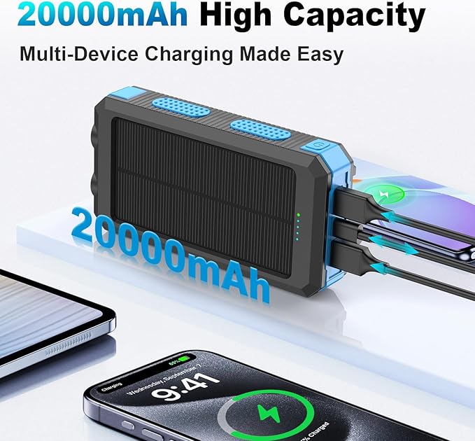 Solar Charger Power Bank 20000mAh Portable Charger with 4 Built-in Cables and USB-C in/Output, Dual Emergency Flashlights, Waterproof Outdoor Battery Pack for Camping, Hiking, Travel, and Storm Prep