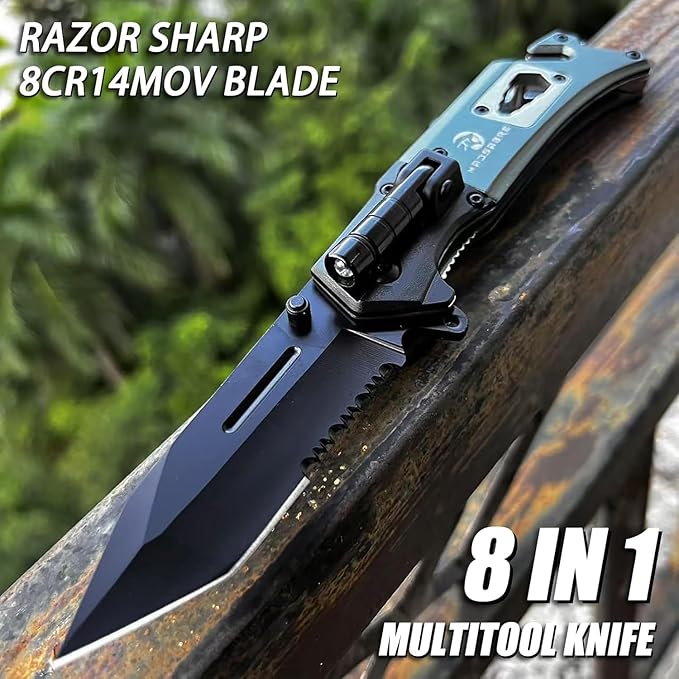 MADSABRE Multitool Pocket Knife with Clip and Case, 8-in-1 Folding Knives with Glass Breaker, Bottle Opener, Wrench, EDC Multitool Knife for Camping, Survival, Gifts for Men