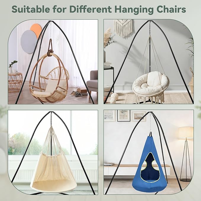 Hammock Chair Stand for Multi-Use, Heavy-Duty Hammock Chair Stand for Indoor & Outdoor, with Height Adjustable Triangular Design, 330 lbs Capacity Hanging Chair Stand, Stand Only - Black